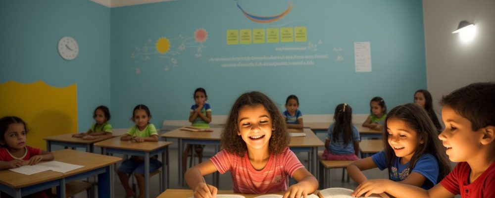 Crianças ouvindo atentamente uma contação de histórias na educação infantil, com livros ilustrados e elementos visuais