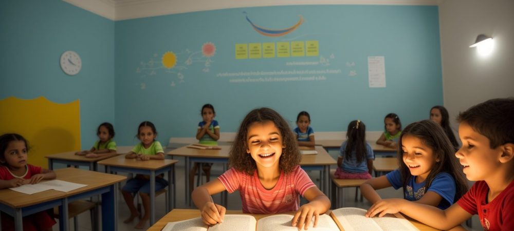 Crianças ouvindo atentamente uma contação de histórias na educação infantil, com livros ilustrados e elementos visuais