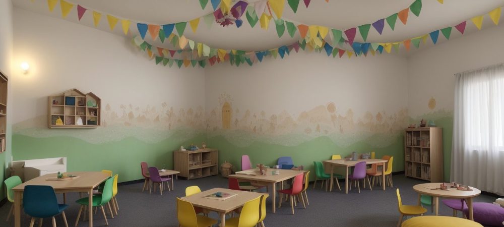 Professor contando história para crianças em sala de aula, com livros e elementos visuais para a contação de histórias na educação infantil