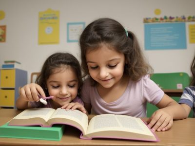 Crianças ouvindo atentas a contação de histórias infantil em sala de aula, com livros e elementos visuais que estimulam a imaginação.