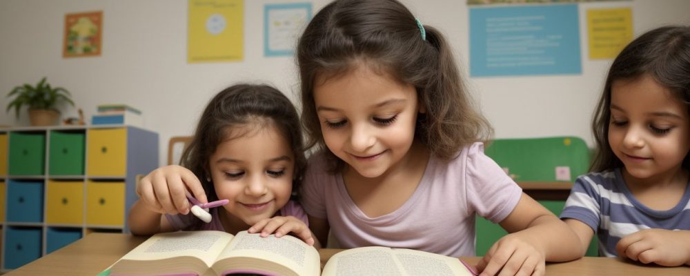Crianças ouvindo atentas a contação de histórias infantil em sala de aula, com livros e elementos visuais que estimulam a imaginação.