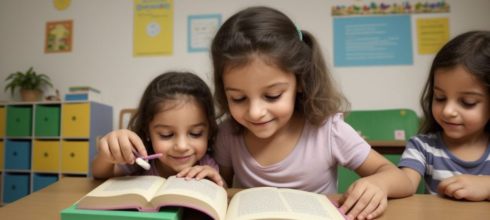 Crianças ouvindo atentas a contação de histórias infantil em sala de aula, com livros e elementos visuais que estimulam a imaginação.
