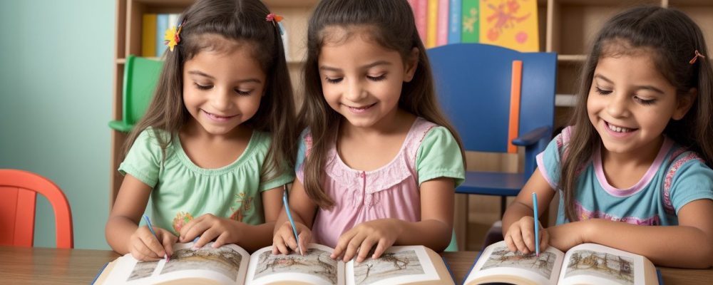 Crianças reunidas em sala de aula, ouvindo uma contadora de histórias com fantoches, em um ambiente acolhedor e colorido.