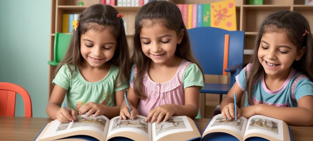 Crianças reunidas em sala de aula, ouvindo uma contadora de histórias com fantoches, em um ambiente acolhedor e colorido.