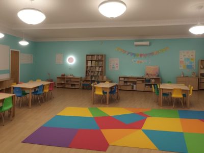 Crianças ouvindo histórias em sala de aula, com livro aberto e professor sorrindo, representando os benefícios da contação de histórias infantil na escola.