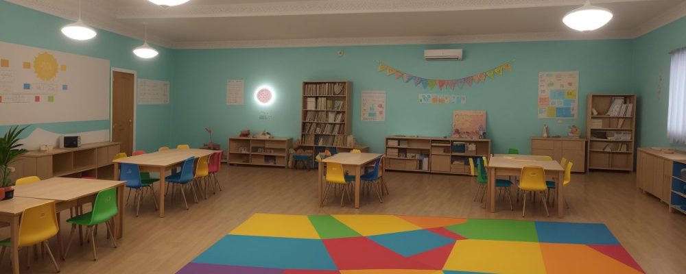 Crianças ouvindo histórias em sala de aula, com livro aberto e professor sorrindo, representando os benefícios da contação de histórias infantil na escola.