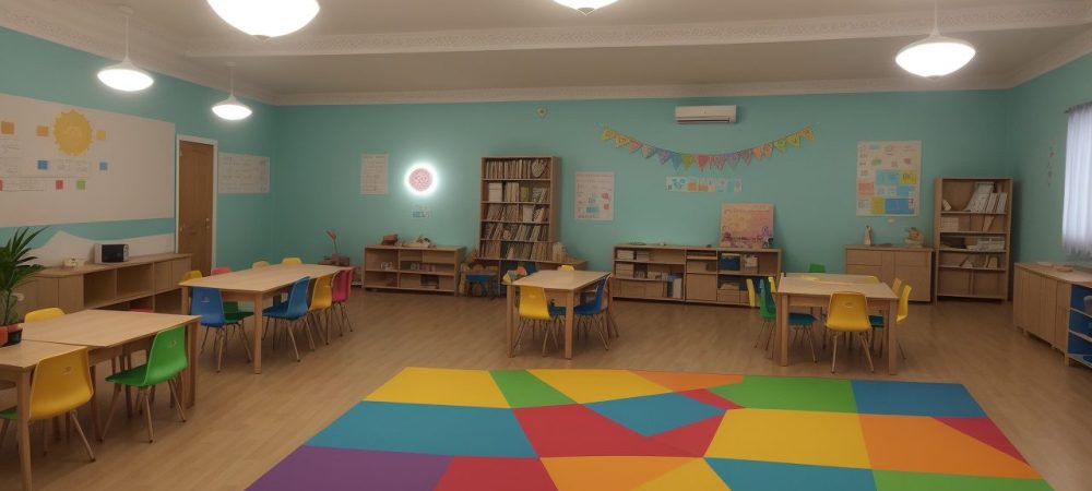 Crianças ouvindo histórias em sala de aula, com livro aberto e professor sorrindo, representando os benefícios da contação de histórias infantil na escola.