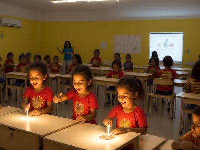 Crianças envolvidas em atividades de educação musical e ensino da arte em uma sala de aula vibrante e colorida, explorando instrumentos e criações artísticas.