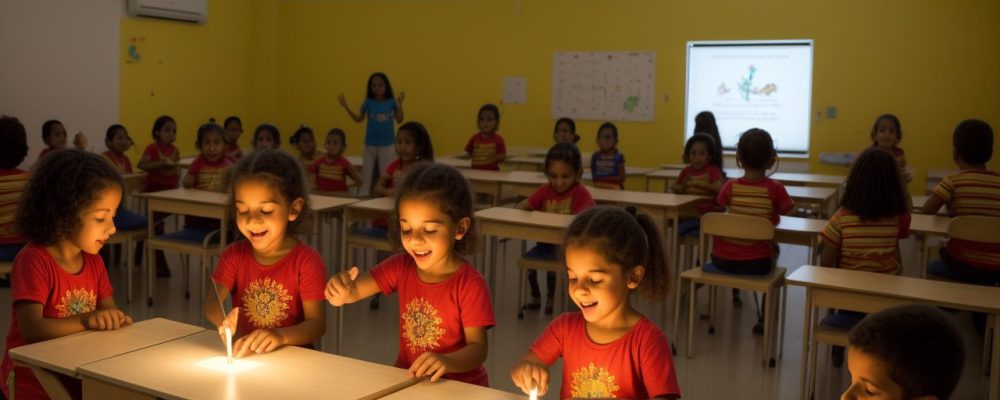 Crianças envolvidas em atividades de educação musical e ensino da arte em uma sala de aula vibrante e colorida, explorando instrumentos e criações artísticas.