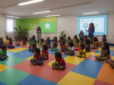 Crianças em sala de aula interagem com tecnologias globais, simbolizando a educação infantil na era da globalização.