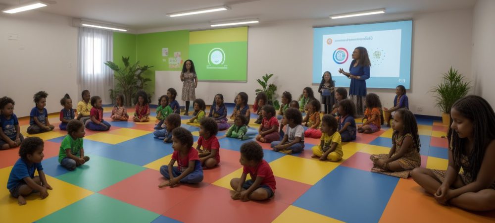 Crianças em sala de aula interagem com tecnologias globais, simbolizando a educação infantil na era da globalização.