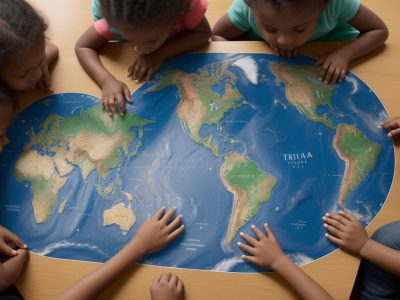 Crianças interagindo com dispositivos tecnológicos em um ambiente escolar, simbolizando o impacto da globalização na infância.