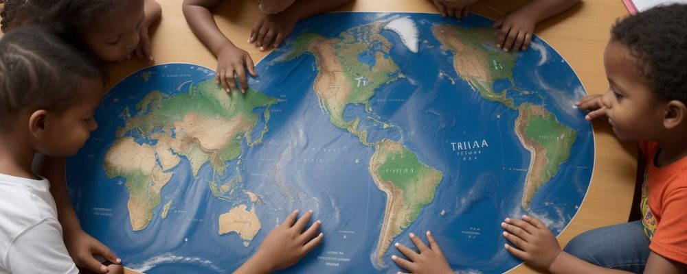 Crianças interagindo com dispositivos tecnológicos em um ambiente escolar, simbolizando o impacto da globalização na infância.