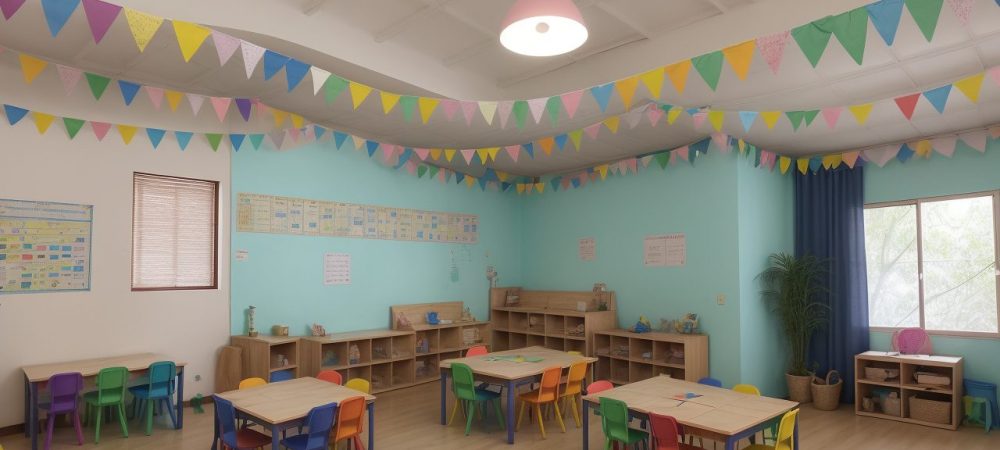 Crianças ouvindo atentas uma contação de histórias na educação infantil, com elementos visuais e ambiente acolhedor.