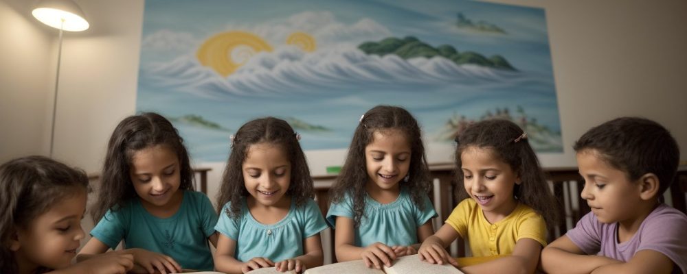 Crianças atentas ouvindo contação de histórias na educação infantil, criando conexões emocionais e estimulando a imaginação