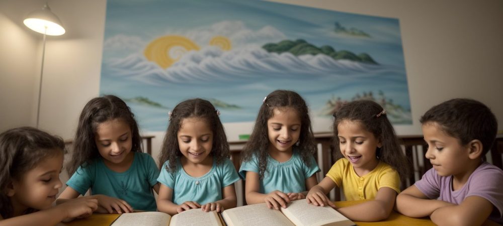 Crianças atentas ouvindo contação de histórias na educação infantil, criando conexões emocionais e estimulando a imaginação