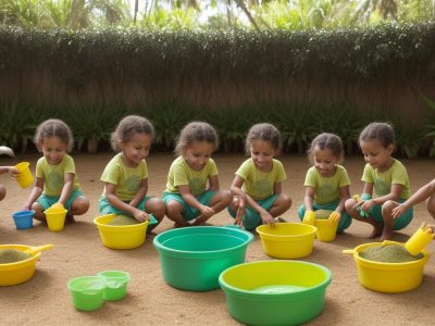 Crianças em atividade de plantio de mudas no Dia da Árvore, promovendo a educação ambiental e a conexão com a natureza.