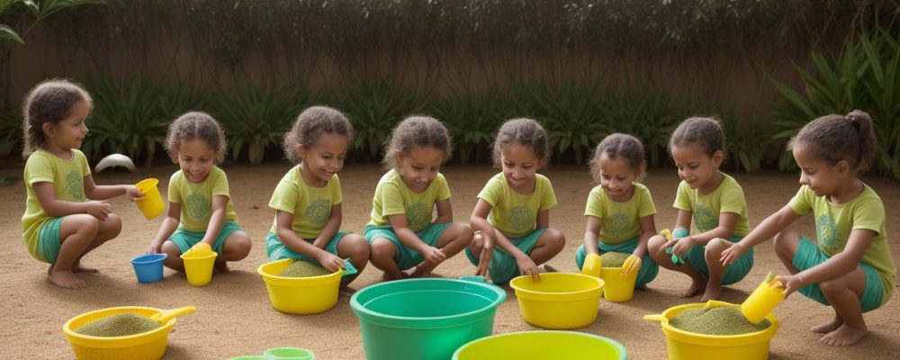 Crianças em atividade de plantio de mudas no Dia da Árvore, promovendo a educação ambiental e a conexão com a natureza.