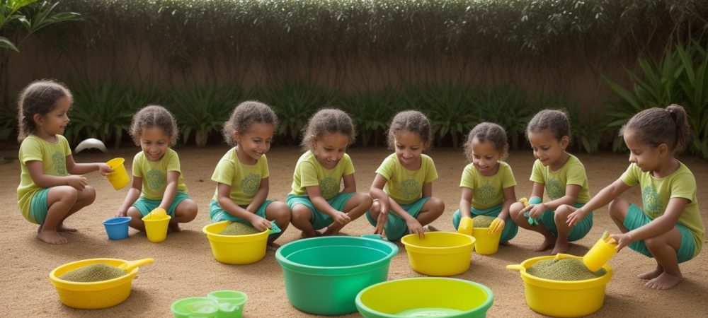Crianças em atividade de plantio de mudas no Dia da Árvore, promovendo a educação ambiental e a conexão com a natureza.