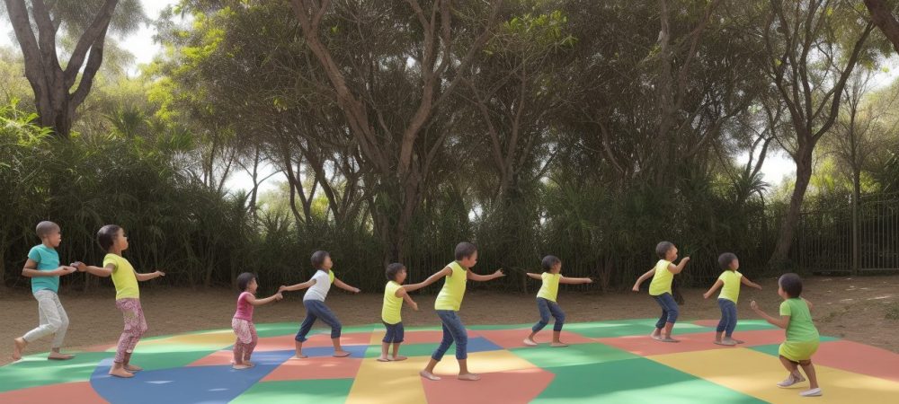Crianças em um ambiente escolar ensolarado, comendo alimentos saudáveis ​​e se exercitando para combater a obesidade infantil. Uma ilustração vibrante de um cardápio saudável.