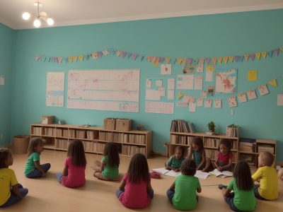 Crianças ouvindo e interagindo com uma professora durante atividade de contação de histórias na educação infantil, com livros e elementos visuais.