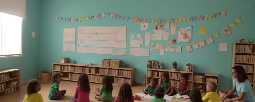 Crianças ouvindo e interagindo com uma professora durante atividade de contação de histórias na educação infantil, com livros e elementos visuais.