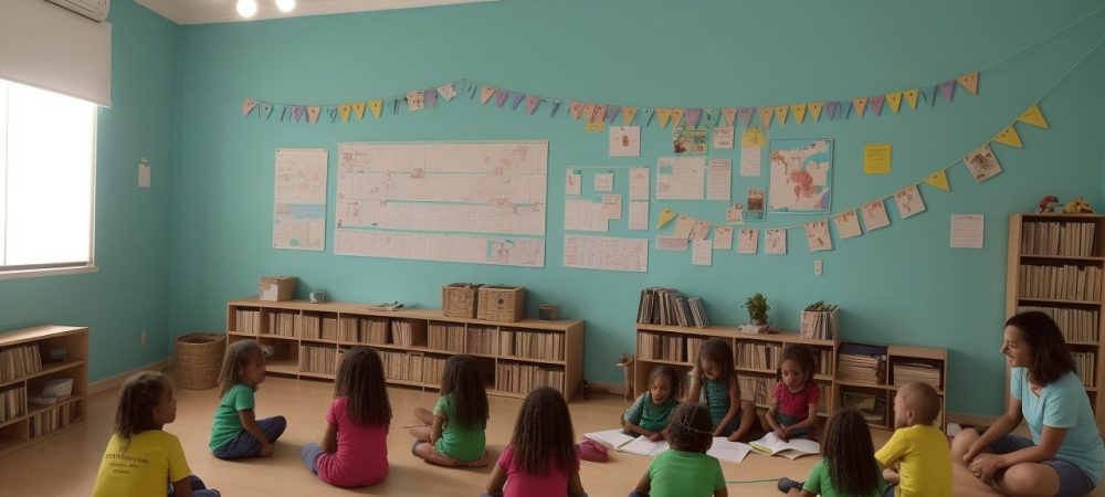 Crianças ouvindo e interagindo com uma professora durante atividade de contação de histórias na educação infantil, com livros e elementos visuais.