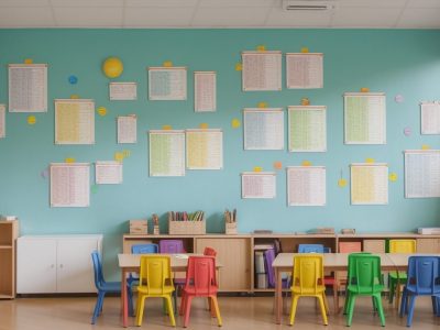 Crianças em uma sala de aula de escola bilíngue, participando de atividades de imersão linguística para aprender inglês e espanhol.