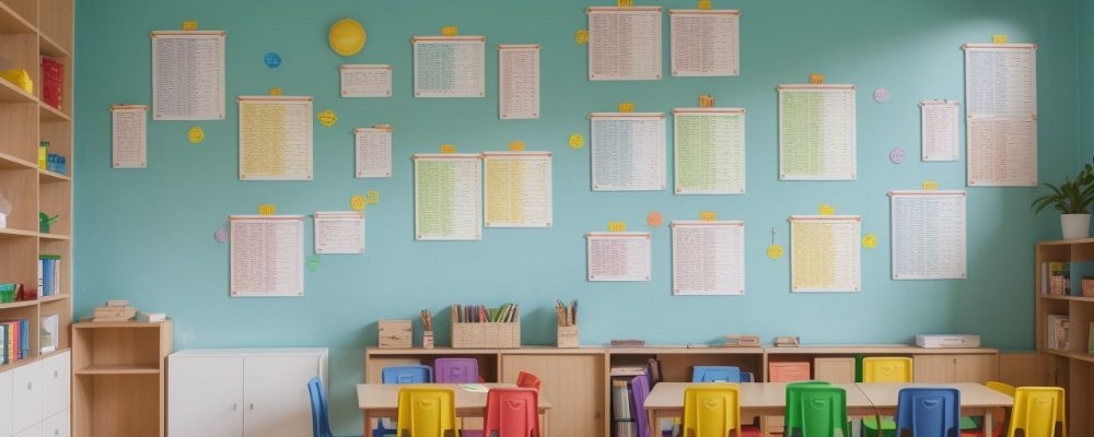 Crianças em uma sala de aula de escola bilíngue, participando de atividades de imersão linguística para aprender inglês e espanhol.