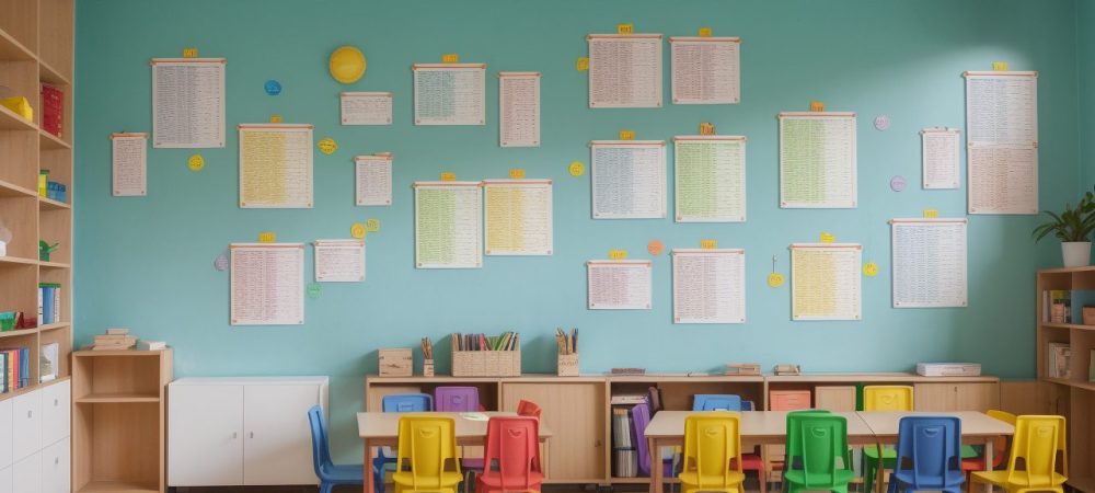 Crianças em uma sala de aula de escola bilíngue, participando de atividades de imersão linguística para aprender inglês e espanhol.