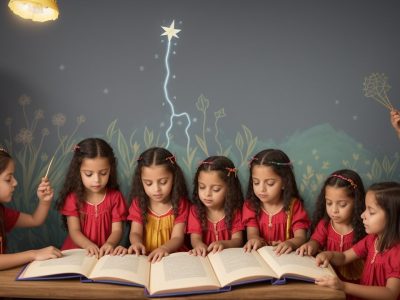 Crianças atentas ouvindo contação de histórias em sala de aula, com livros infantis e elementos visuais para aprendizagem.