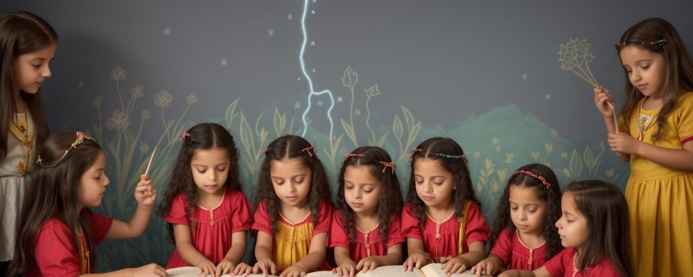 Crianças atentas ouvindo contação de histórias em sala de aula, com livros infantis e elementos visuais para aprendizagem.