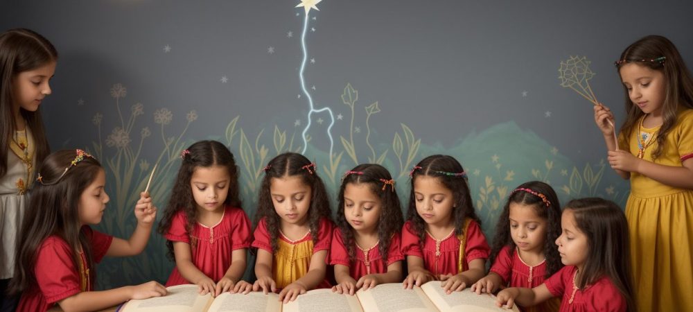 Crianças atentas ouvindo contação de histórias em sala de aula, com livros infantis e elementos visuais para aprendizagem.