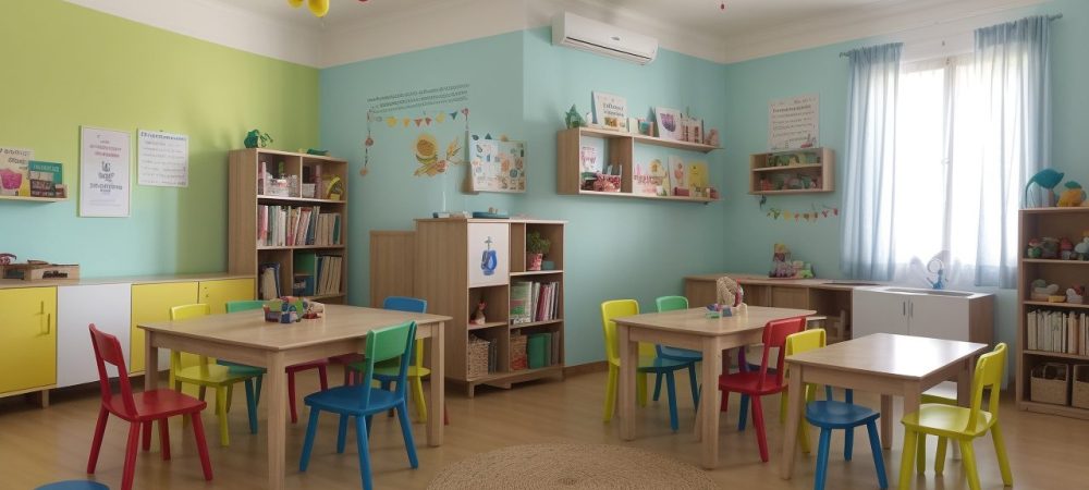 Crianças ouvindo uma contadora de histórias com fantoches em uma sala de aula da educação infantil, aprendendo e se divertindo.