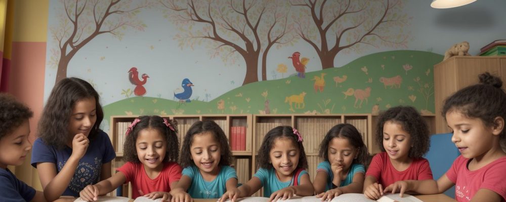 Crianças reunidas ouvindo uma contadora de histórias, com livros e adereços em um ambiente acolhedor na educação infantil.