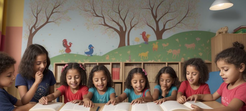 Crianças reunidas ouvindo uma contadora de histórias, com livros e adereços em um ambiente acolhedor na educação infantil.