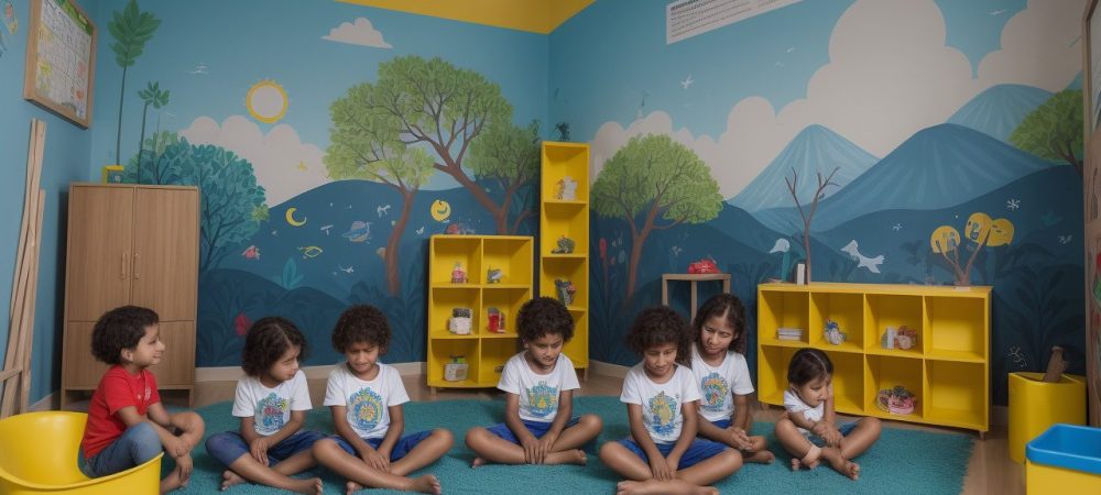 Imagem ilustrando o combate ao trabalho infantil, mostrando crianças felizes em ambiente escolar, com destaque para os direitos da criança e o ECA.