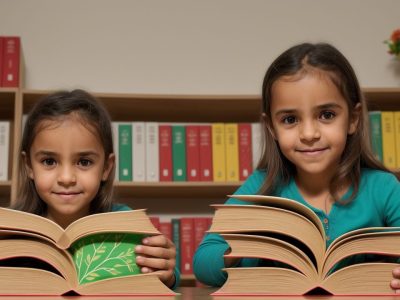 Crianças atentas ouvindo um contador de histórias em uma sala de aula colorida, com livros e elementos visuais para contação.