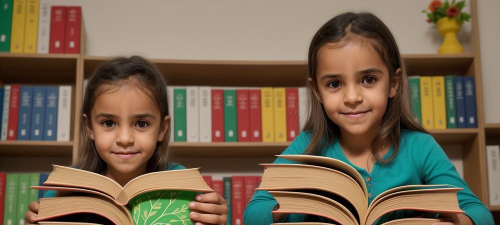Crianças atentas ouvindo um contador de histórias em uma sala de aula colorida, com livros e elementos visuais para contação.