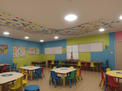 Crianças brincando e aprendendo com jogos educativos e atividades lúdicas em um ambiente colorido e estimulante.