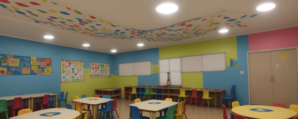 Crianças brincando e aprendendo com jogos educativos e atividades lúdicas em um ambiente colorido e estimulante.