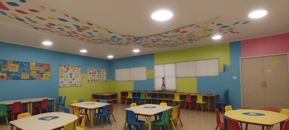 Crianças brincando e aprendendo com jogos educativos e atividades lúdicas em um ambiente colorido e estimulante.