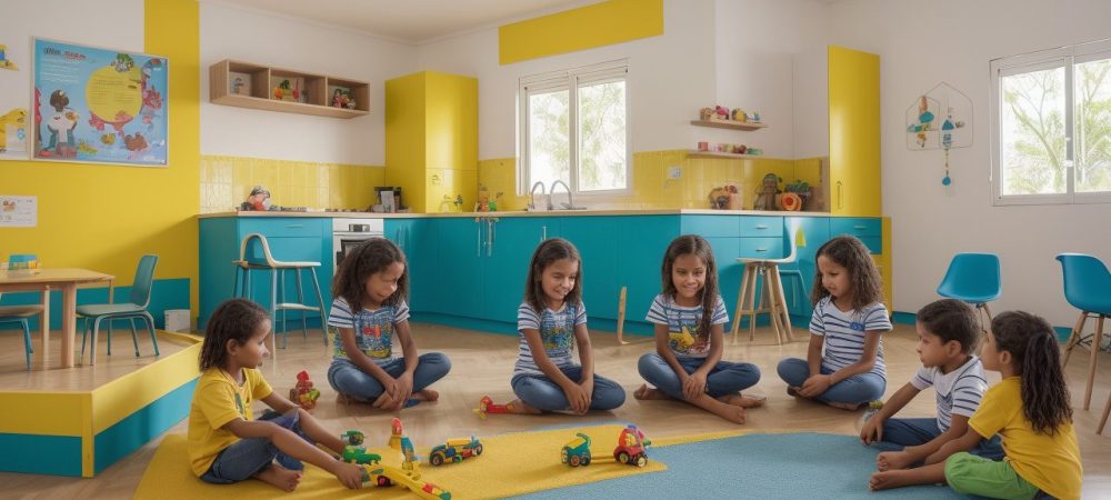 Crianças participando de atividades psicomotoras em sala de aula, promovendo coordenação e desenvolvimento.