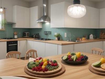 Crianças preparando receitas saudáveis e coloridas na cozinha, promovendo a gastronomia infantil e uma alimentação equilibrada.