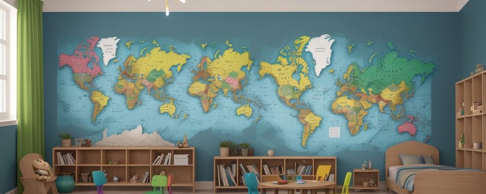 Crianças interagindo em sala de aula, explorando diversas culturas e tecnologias, representando os impactos da globalização na infância e a importância da educação.