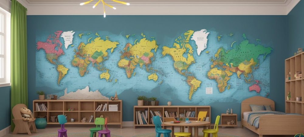 Crianças no Mundo Globalizado: Desafios e Oportunidades na Infância Crianças interagindo em sala de aula, explorando diversas culturas e tecnologias, representando os impactos da globalização na infância e a importância da educação.