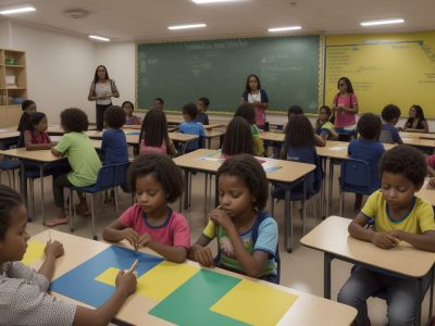 Crianças diversas em sala de aula interativa, explorando a globalização e seus impactos na educação infantil