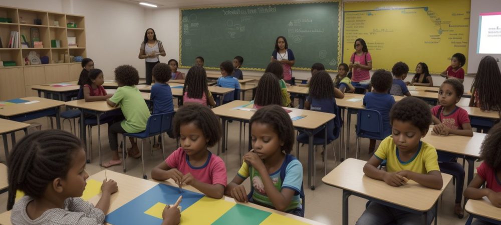 Crianças diversas em sala de aula interativa, explorando a globalização e seus impactos na educação infantil