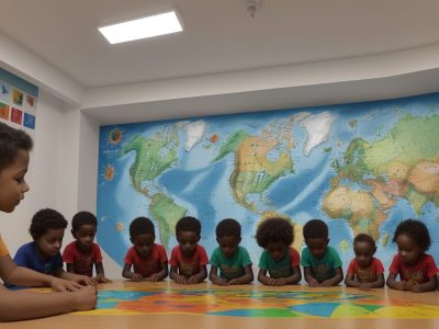 Crianças interagindo em um ambiente educacional, representando os impactos da globalização na infância e na educação infantil.