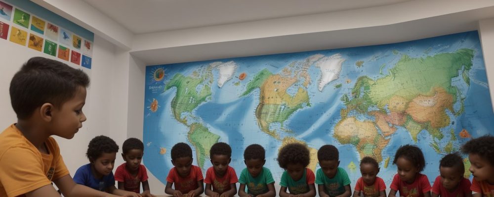 Crianças interagindo em um ambiente educacional, representando os impactos da globalização na infância e na educação infantil.